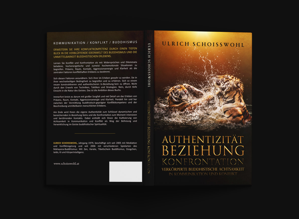 Authentizität Beziehung Konfrontation by Ulrich Schoisswohl: the full cover shown as an open printed book mockup on a dark background.