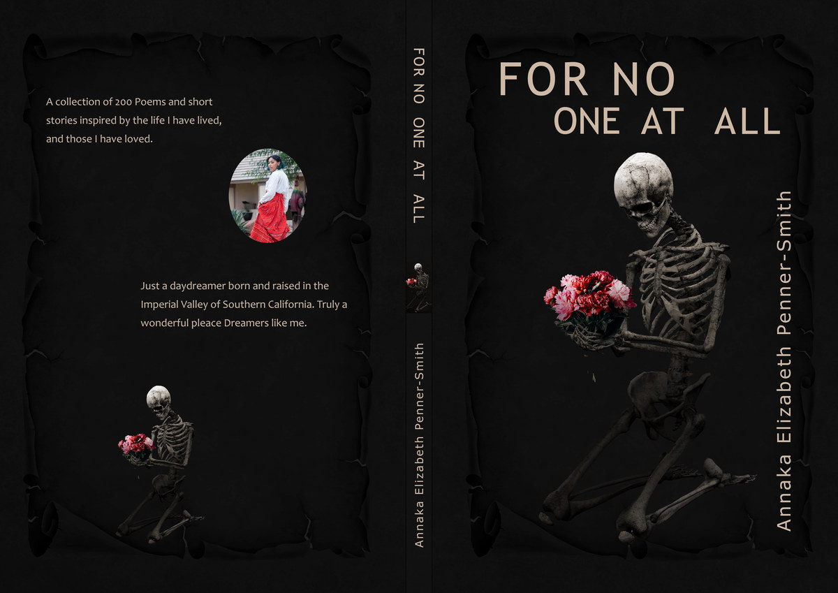 For No One At All by Annaka Elizabeth Penner-Smith: black full cover with burnt paper edges, the skeleton on the front and spine, and an author note with her photograph on the back.