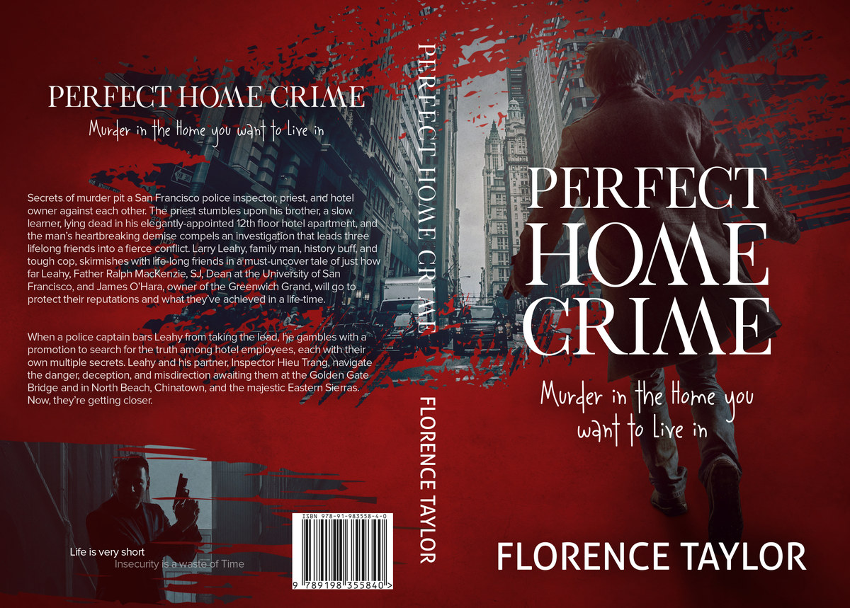 Perfect Home Crime by Florence Taylor: full cover with torn red masking running from the front across the spine to the back, where the description sits above a second city image.