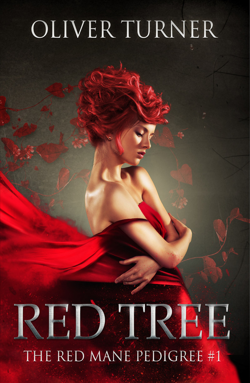 Red Tree by Oliver Turner, The Red Mane Pedigree #1: a red-haired woman wrapped in flowing red fabric against black.
