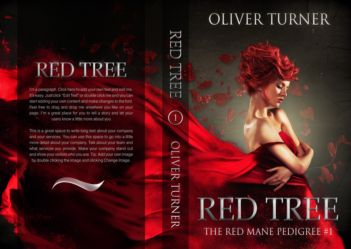Red Tree by Oliver Turner: full cover with the red-haired figure on the front, a numbered spine and the book description on the black back.