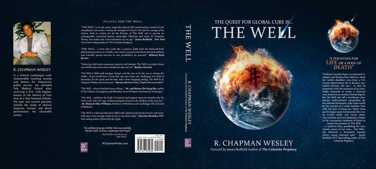 The Well by R. Chapman Wesley: full dust jacket with flaps, a burning earth on the front, endorsements on the back and the author biography on the back flap.