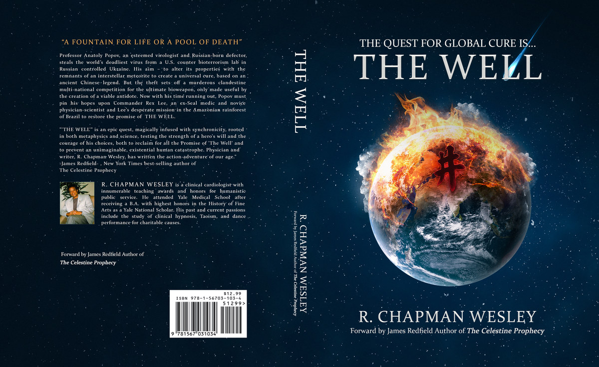 The Well by R. Chapman Wesley: hardcover wrap with the burning earth on the front, the title on the spine and the book description on the back.