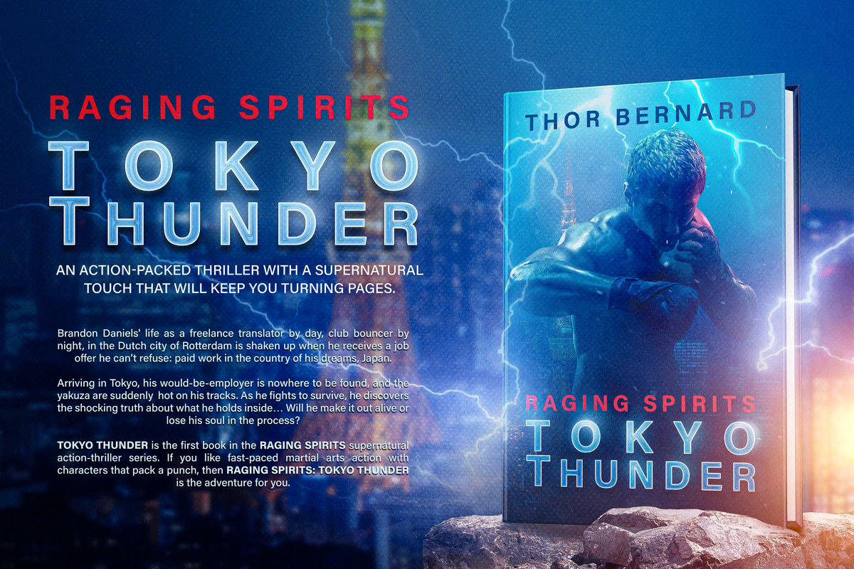 Tokyo Thunder by Thor Bernard: 3D paperback mockup standing in front of the back-cover artwork.