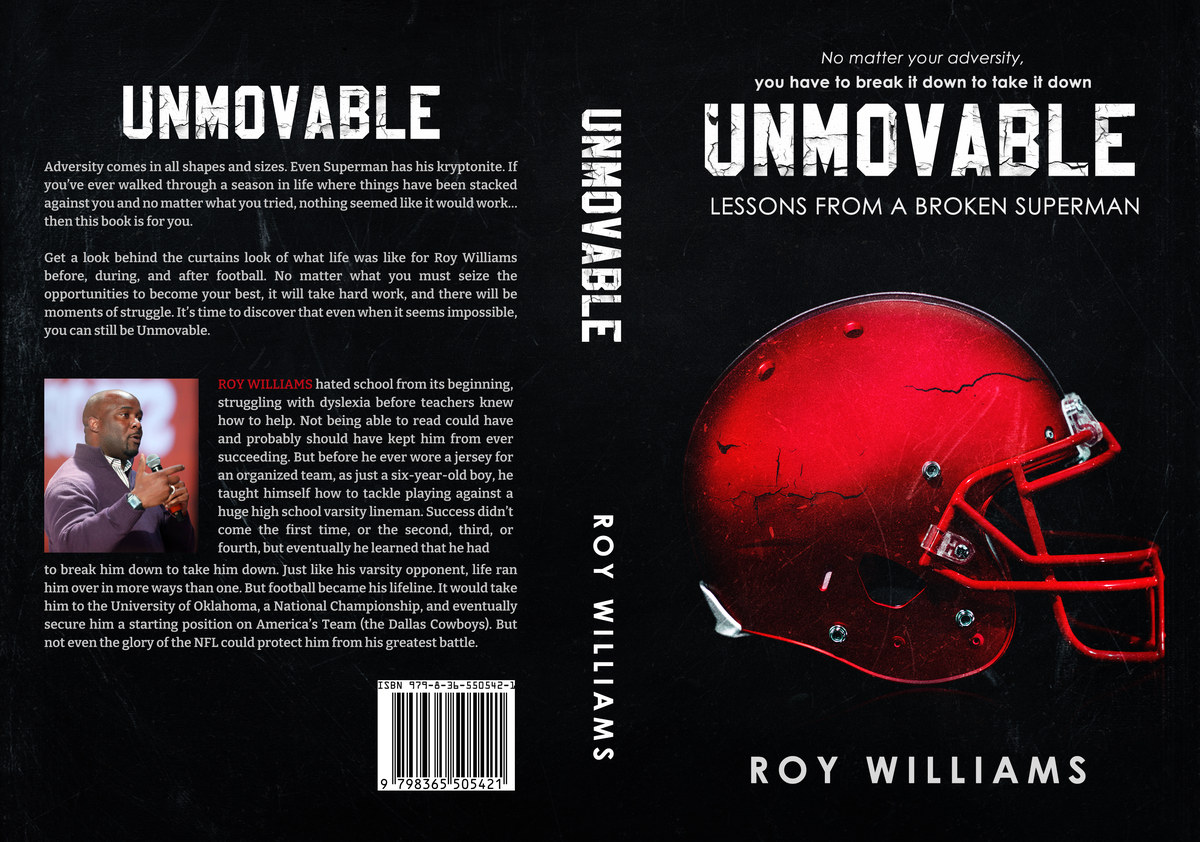 Unmovable by Roy Williams: full cover on scratched black, with the red helmet on the front, the title on the spine and the author photograph and story on the back.