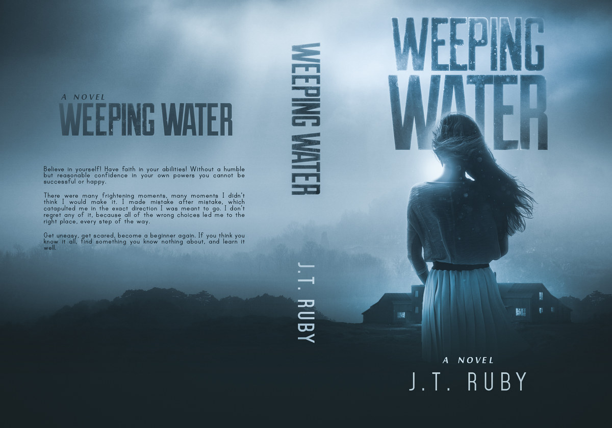 Weeping Water by J.T. Ruby: full cover in a single blue, with the fog-covered landscape running from the front across the spine to the back.